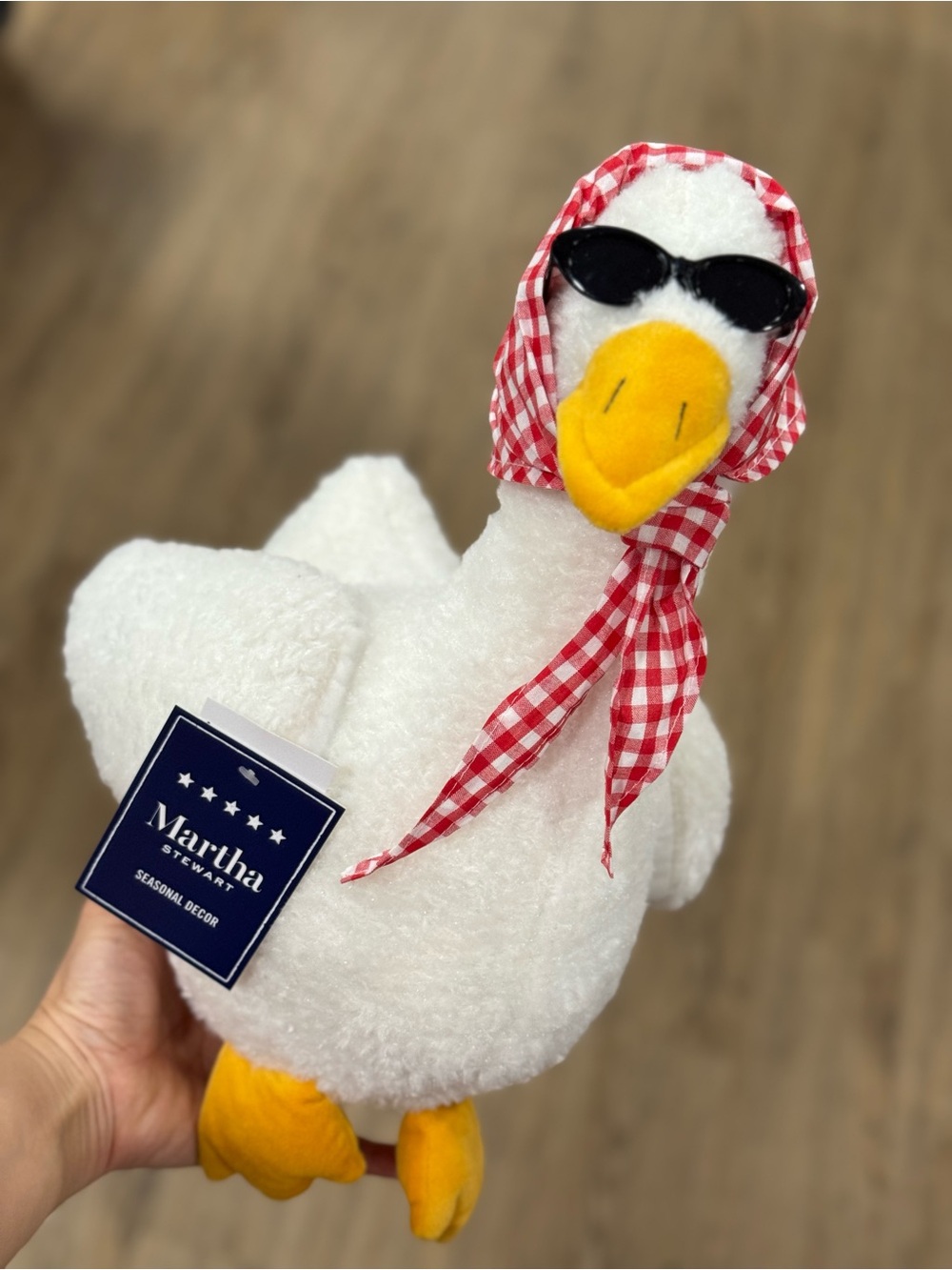 Martha Stewart White weighted Duck with Yellow Beak and Red Gingham Scarf